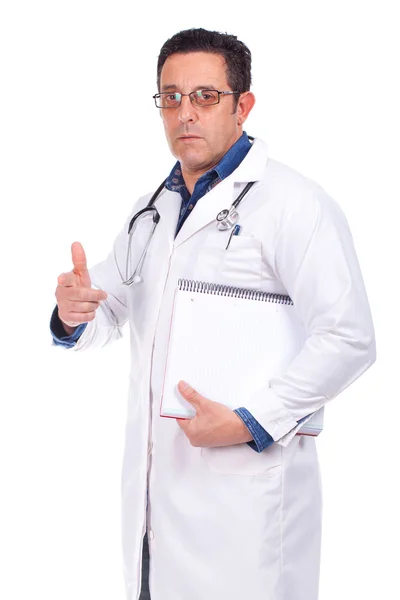 işaret parmağı ile orta yaşlı doktor