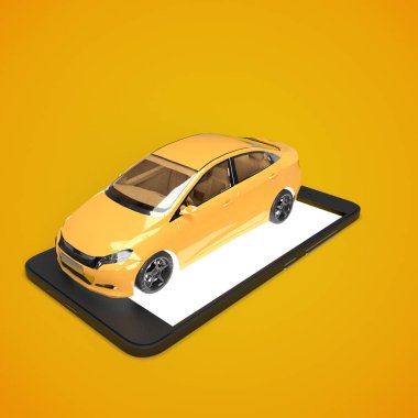3 boyutlu görüntüleme. Sarı modern araba cep telefonunun ekranında duruyor. Taksi servisi. 