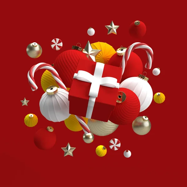 3Dイラスト 中心部 赤と金のボール 星やお菓子の杖で贈り物とクリスマスの装飾 赤い背景に隔離された季節のお祝いのクリップアート 抽象的な休日の概念 — ストック写真