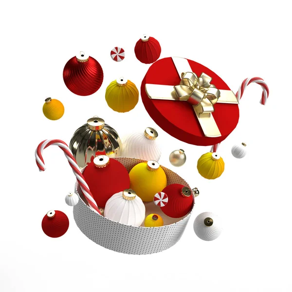 3Dイラスト クリスマスのギフトボックスを開き 装飾品が飛んでいます 白い背景に孤立した祝祭用クリップアート 季節の冬の休暇の装飾 ガラスボール 黄金の星 キャンディー杖 — ストック写真