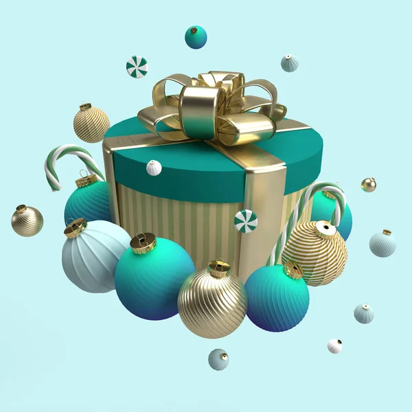 3d illustration. Christmas gift, green round box wrapped with golden bow and Christmas balls, candy canes decoration. Seasonal decor. Winter holiday clip art isolated on blue background