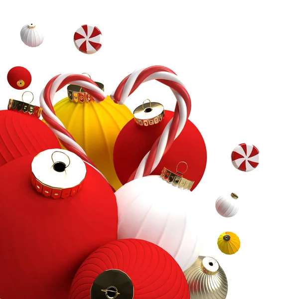 ハート型のクリスマスオーナメント 金のボールとキャンディーの缶を閉じます 白い背景に隔離された季節のお祝いのクリップアート 抽象的な休日の概念 3Dイラスト — ストック写真