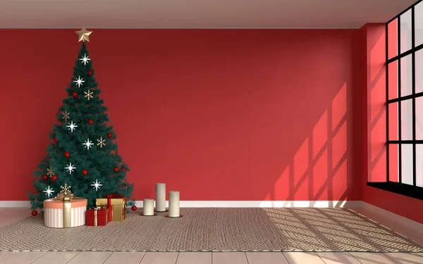Interior scene. Red room in loft style with Christmas tree, gifts and empty space