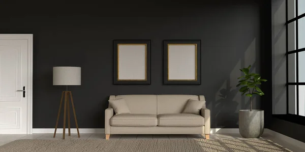 Black room in loft style with two empty frames. 3d render