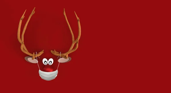 Cute Cartoon Reindeer Rudolf Shinny Red Nose Medical Mask Red — Stock Photo, Image