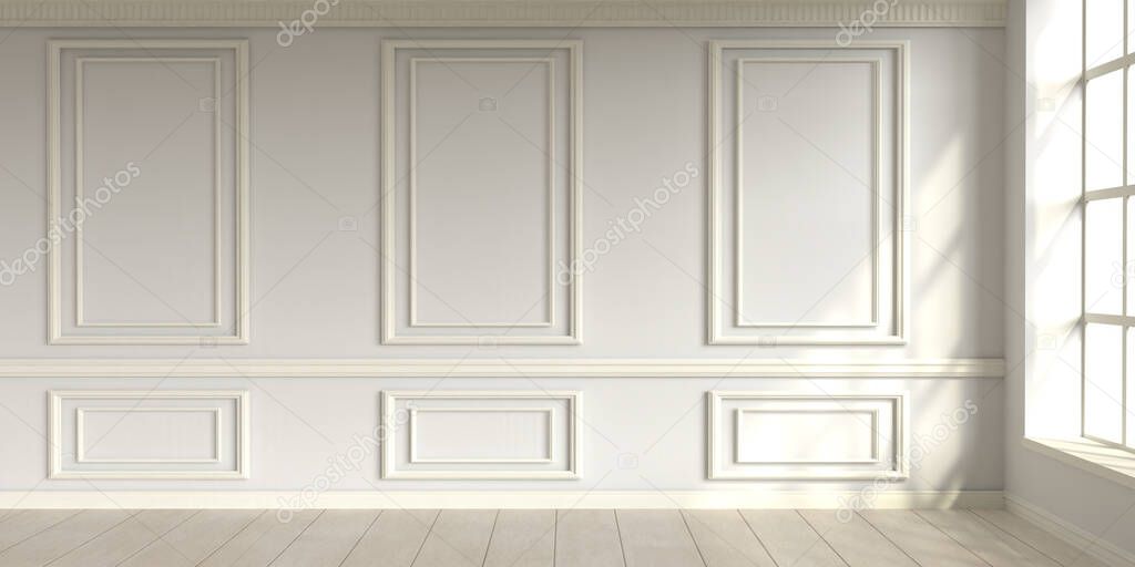 Modern classic white empty interior with wall panels and wooden floor. 3d render illustration mock up.