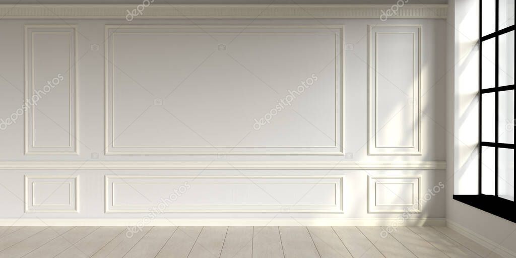 Modern classic white empty interior with wall panels and wooden floor. 3d render illustration mock up.