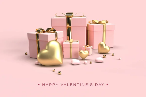 Ensemble de cadeaux roses et or avec des ballons en forme de coeur pour la Saint-Valentin — Photo