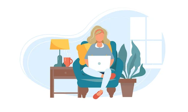 Online-Fernunterricht. Frau mit Laptop zu Hause. Startup-Unternehmen — Stockvektor