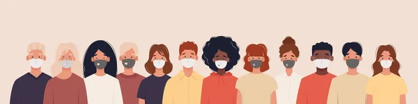 Група людей з різними національностями носять медичні маски — стоковий вектор