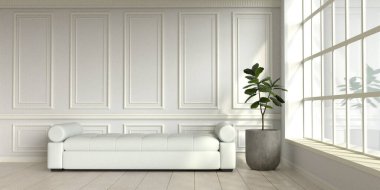 Duvar panelleri ve ahşap zeminli modern beyaz iç mekan. 3d hazırlayıcı