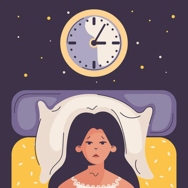 Woman lying in bed, trying to fall asleep in room with clock. Insomnia woman — Stock Illustration Woman lying in bed, trying to fall asleep in room with clock. Insomnia woman Vector Graphics