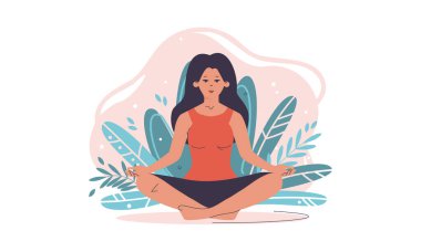 Yoga illüstrasyonunda mutlu bir kadın yapraklar arasında meditasyon yapıyor.