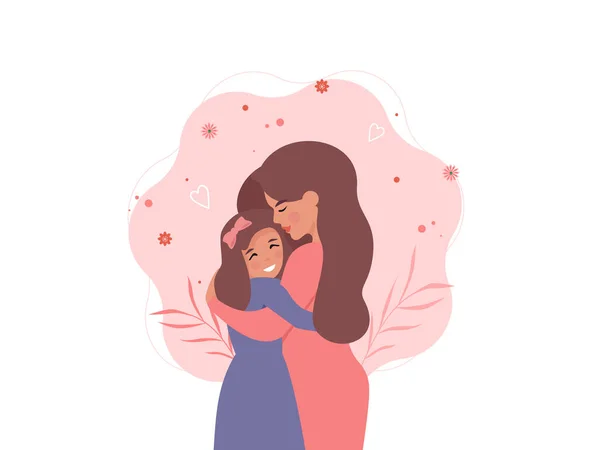 Micuţa fetiţă îşi îmbrăţişează mama. Happy Mothers Day card — Vector de stoc