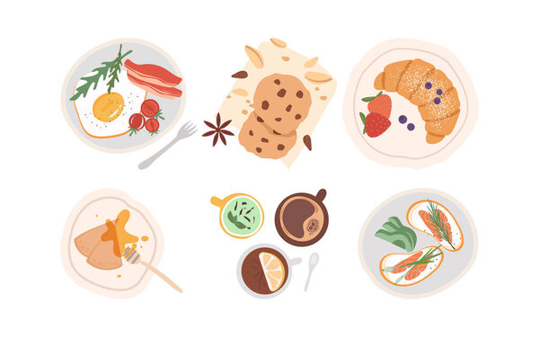 set with breakfast meals and drinks isolated on white background