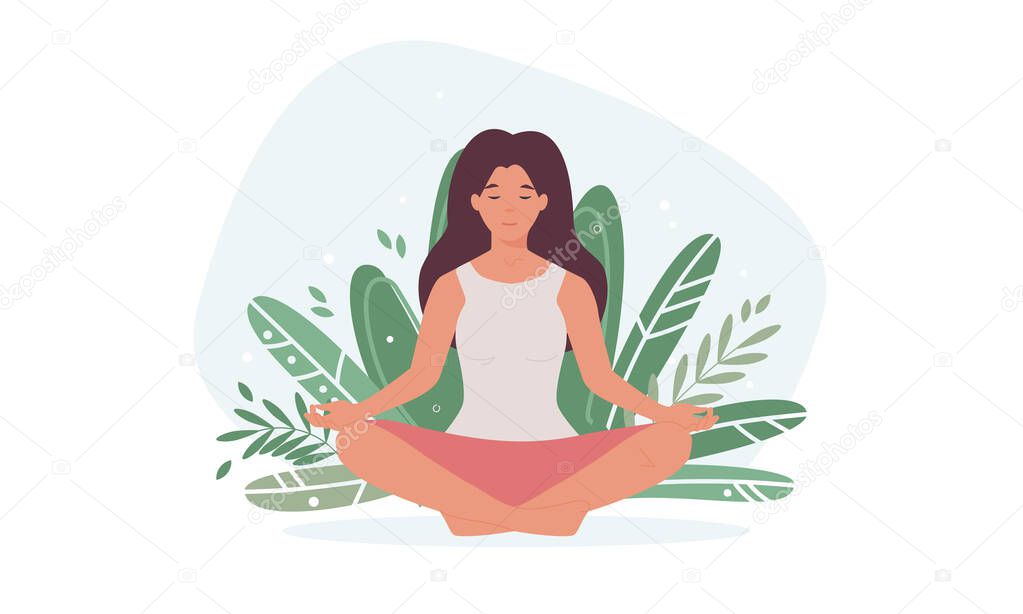 Girl doing yoga. Woman sitting in lotus position