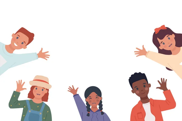 Набір з багатоетнічними дітьми, що піднімають руки у вітаннях — стоковий вектор