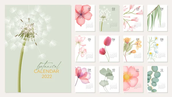 2022 calendar template with abstract flowers and 12 pages for each month — Stock Vector