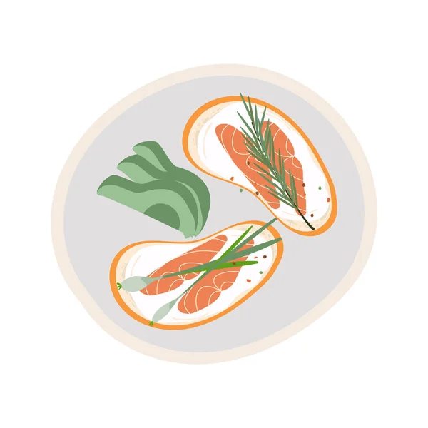 Delicioso sándwich de aguacate y salmón aislado sobre fondo blanco — Archivo Imágenes Vectoriales