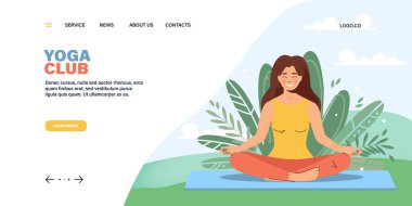 Lotus poziyonunda oturan bir kadının yoga sitesi için iniş sayfası şablonu
