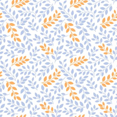 Beyaz arka planda mavi ve sarı yaprakları ve dalları olan kusursuz bir desen.