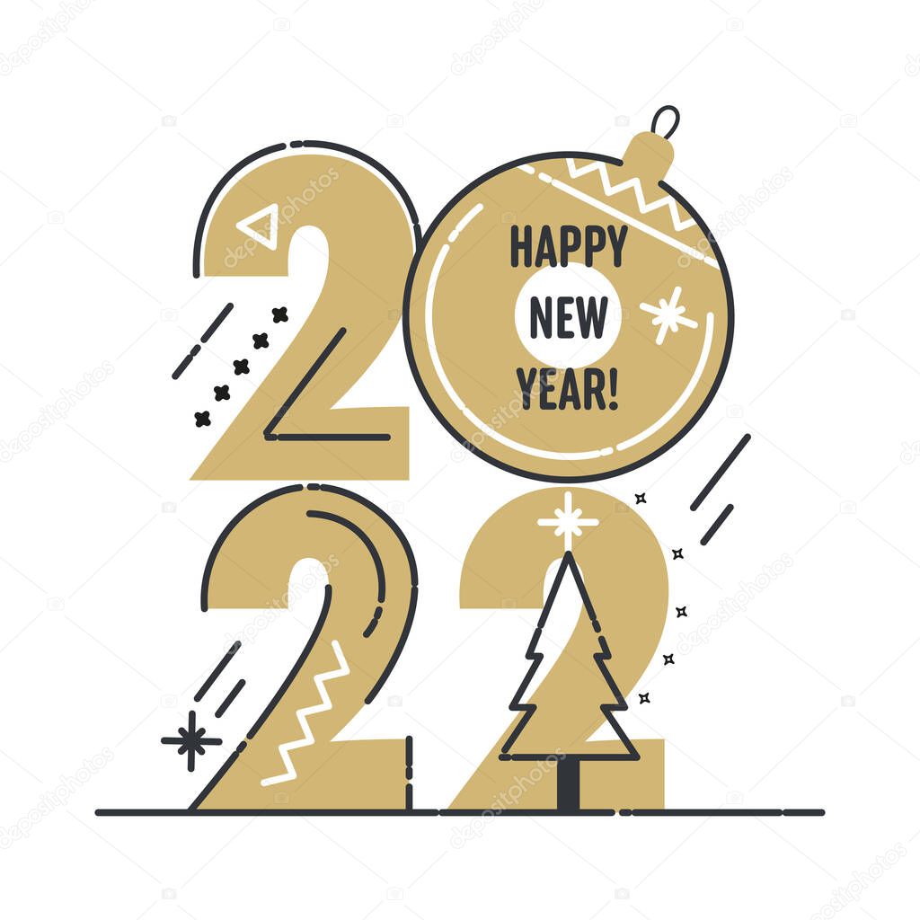 2022 Happy New Year card with gold numbers and line design elements