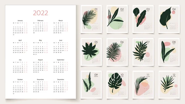 2022 plantilla de calendario con hojas de palma en colores pastel. Conjunto de 12 meses — Archivo Imágenes Vectoriales