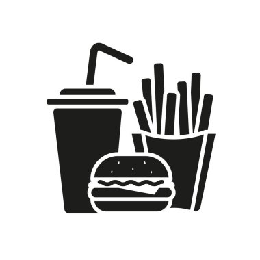 Hamburger soda siparişi, patates kızartması, fast food ikonu tabelası.