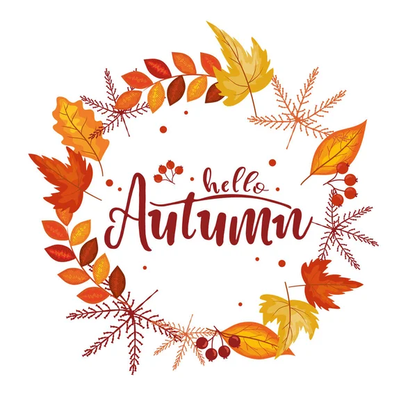 Olá etiqueta de outono com folhas e plantas — Vetor de Stock