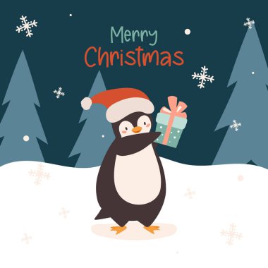 Noel sevimli küçük penguen Santa şapka ve hediye ile mevcut