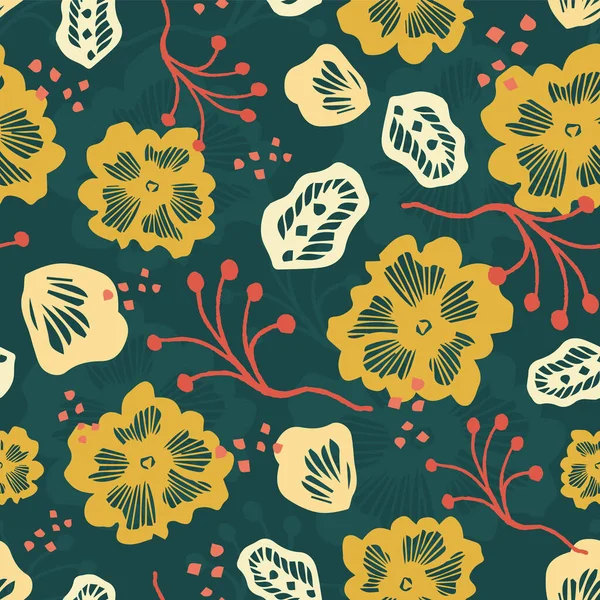 Modern Vintage Naadloos Bloemenpatroon Vectorachtergrond Mosterdbloemen Koraalrode Motieven Een Sterke — Stockvector