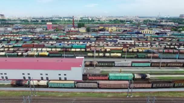 Patio ferroviario con una gran cantidad de líneas ferroviarias y trenes de mercancías, Rail freight marshalling yard, Russian Railways . — Vídeo de stock