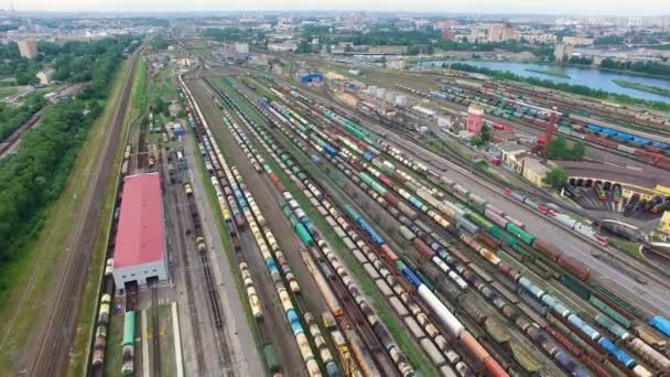 Kolejiště se spoustou železničních tratí a nákladní vlaky, železniční nákladní seřaďovací nádraží, ruské dráhy. — Stock video