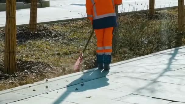 Nettoyage des feuilles dans la ville, femme de ménage balayant le feuillage dans le parc de printemps. Une balayeuse de rue avec râteau à Moscou, travail de logement et de services communaux — Video