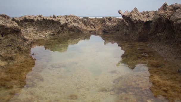 Piccola piscina tra le rocce contro un cielo grigio . — Video Stock
