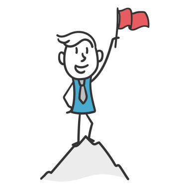 Stick man on top of the mountain. Concept of successful businessman able to achieve his goals vector