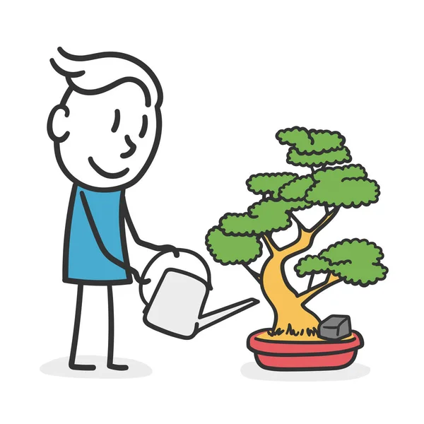 Çubuk Adam bir bonsai sular. Doğayı önemseyen ve çevreyi önemseyen insan kavramı