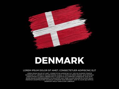 Danimarka bayrağı. Danimarka ve Kuzey Avrupa Kültürü. Canlı, desenli fırça darbesi etkisi tarzı. Kopyalama alanı olan siyah arkaplan. Negatif boşlukta dramatik kompozisyon. 