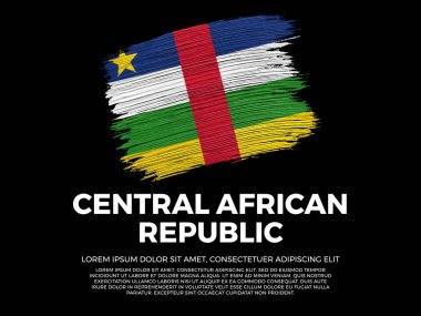 Orta Afrika Cumhuriyeti bayrağı. Orta Afrika Kültürü. Canlı, desenli fırça darbesi etkisi tarzı. Kopyalama alanı olan siyah arkaplan. Negatif boşlukta dramatik kompozisyon.