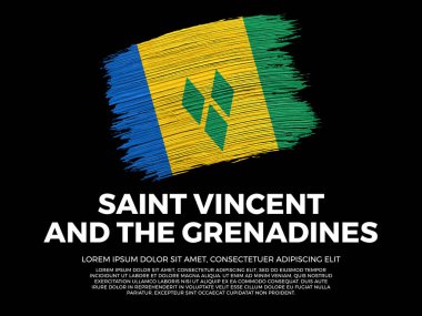 Saint Vincent ve Grenadine bayrağı. Grenadinian ve Karayip Kültürü. Canlı, desenli fırça darbesi etkisi tarzı. Kopyalama alanı olan siyah arkaplan. Negatif boşlukta dramatik kompozisyon. 
