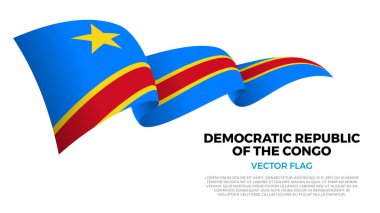 Demokratik Kongo Cumhuriyeti bayrağı. Kongo ve Afrika Kültürü. Ülke adı ve kopyalama alanı olan temiz beyaz bir arkaplan ile ayarlayın. Gerçekçi gölgelerle dinamik bir dalga etkisi yaratan üç katmanlı parlayan bir vektör bayrağı