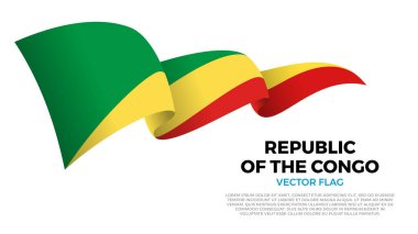 Kongo Cumhuriyeti Bayrağı. Kongo ve Afrika Kültürü. Ülke adı ve kopyalama alanı olan temiz beyaz bir arkaplan ile ayarlayın. Gerçekçi gölgelerle dinamik bir dalga etkisi yaratan üç katmanlı parlayan bir vektör bayrağı