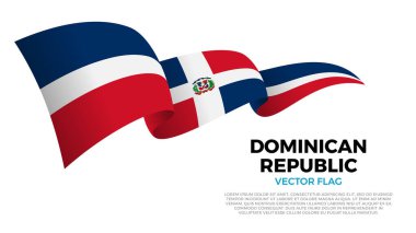 Dominik Cumhuriyeti bayrağı. Dominik ve Karayip Kültürü. Ülke adı ve kopyalama alanı olan temiz beyaz bir arkaplan ile ayarlayın. Gerçekçi gölgeler ve gradyan ile dinamik bir dalga etkisi yaratan üç katmanlı parlayan bir vektör bayrağı