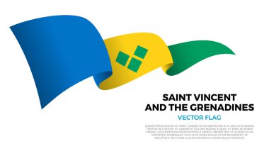 Saint Vincent ve Grenadine bayrağı. Grenadinian ve Karayip Kültürü. Ülke adı ve kopyalama alanı olan temiz beyaz bir arkaplan ile ayarlayın. Gerçekçi shad ile dinamik bir dalga etkisi yaratan üç katmanlı parlayan vektör bayrağı