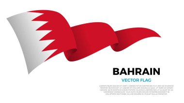 Bahreyn bayrağı. Bahraini ve Arap Kültürü. Ülke adı ve kopyalama alanı olan temiz beyaz bir arkaplan ile ayarlayın. Gerçekçi gölgeler ve gradyanlarla dinamik bir dalga etkisi yaratan üç katmanlı parlayan bir vektör bayrağı
