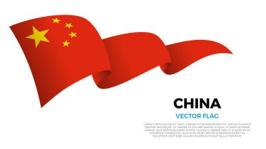 Çin bayrağı. Çin ve Asya Kültürü. Ülke adı ve kopyalama alanı olan temiz beyaz bir arkaplan ile ayarlayın. Gerçekçi gölgeler ve gradyanlarla dinamik bir dalga etkisi yaratan üç katmanlı parlayan bir vektör bayrağı