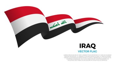 Irak bayrağı. Irak ve İran Kültürü. Ülke adı ve kopyalama alanı olan temiz beyaz bir arkaplan ile ayarlayın. Gerçekçi gölgeler ve gradyanlarla dinamik bir dalga etkisi yaratan üç katmanlı parlayan bir vektör bayrağı.
