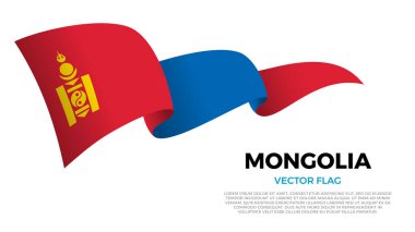 Moğolistan bayrağı. Moğol ve Asya Kültürü. Ülke adı ve kopyalama alanı olan temiz beyaz bir arkaplan ile ayarlayın. Gerçekçi gölgeler ve gradyanlarla dinamik bir dalga etkisi yaratan üç katmanlı parlayan bir vektör bayrağı