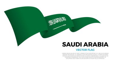 Suudi Arabistan bayrağı. Suudi Arabistan Kültürü. Ülke adı ve kopyalama alanı olan temiz beyaz bir arkaplan ile ayarlayın. Gerçekçi gölgeler ve gradyanlarla dinamik bir dalga etkisi yaratan üç katmanlı parlayan bir vektör bayrağı