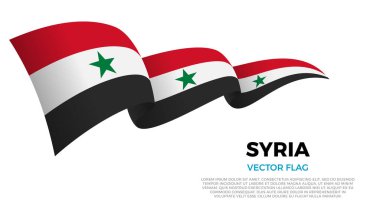 Suriye bayrağı. Suriye ve Arap Kültürü. Ülke adı ve kopyalama alanı olan temiz beyaz bir arkaplan ile ayarlayın. Gerçekçi gölgeler ve gradyanlarla dinamik bir dalga etkisi yaratan üç katmanlı parlayan bir vektör bayrağı